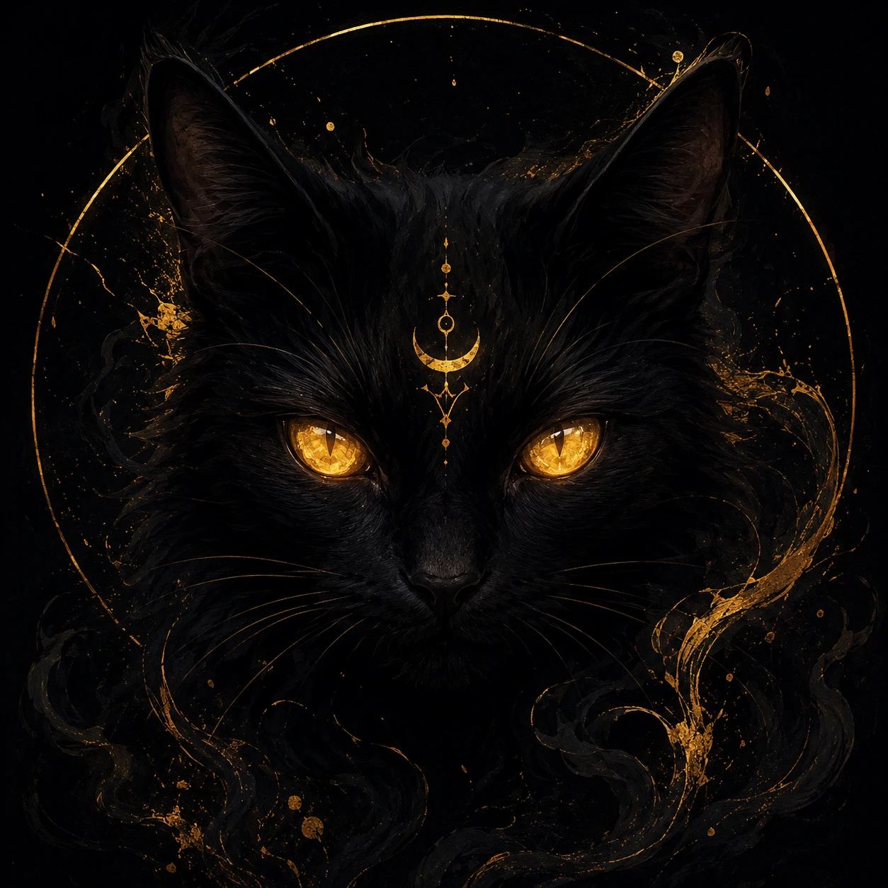 Mystic aesthetic black cat pfp with glowing eyes on a deep black background.