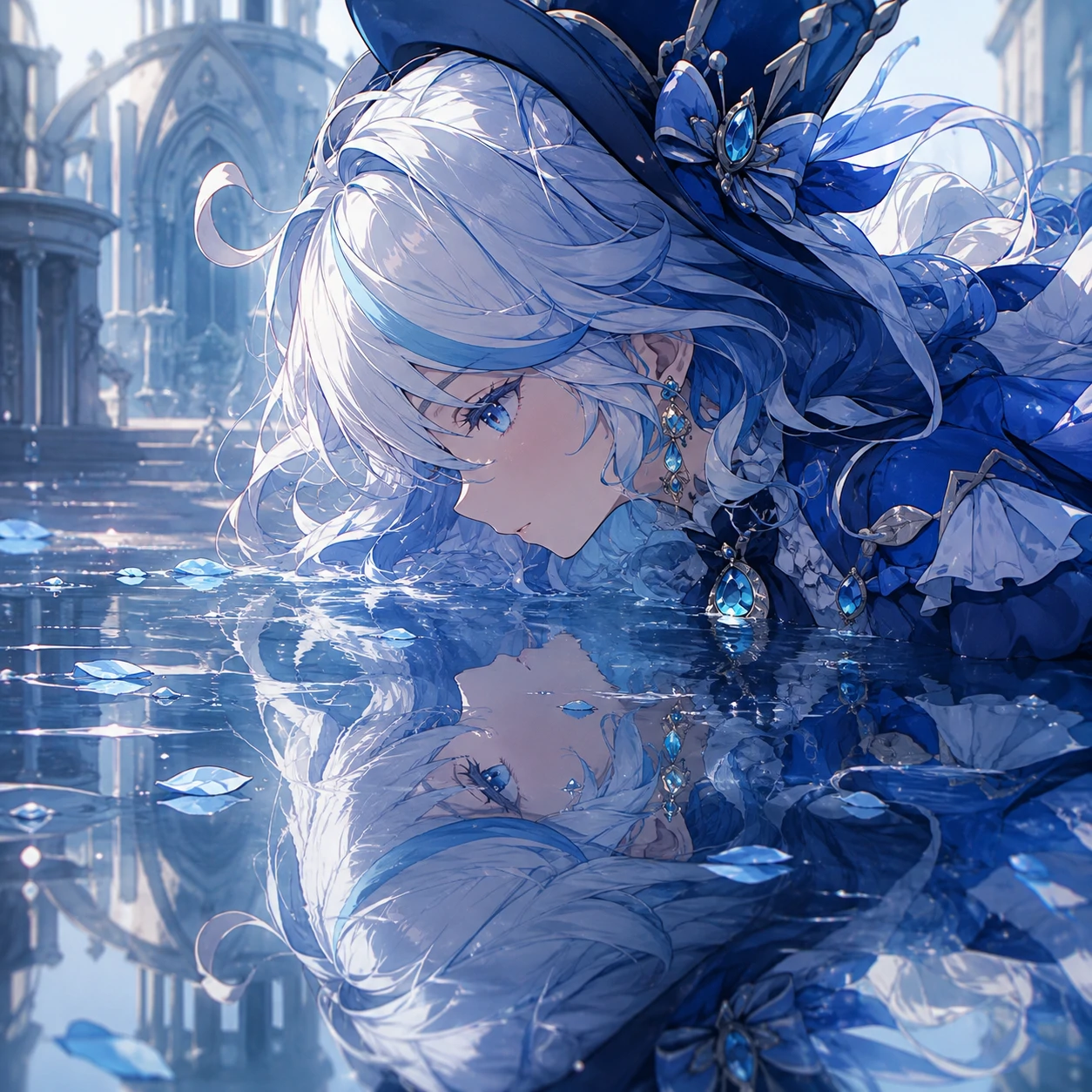 Aesthetic Furina profile picture reflected in still Fontaine water