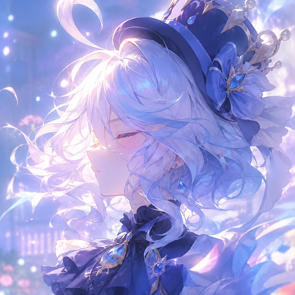 Soft-glow aesthetic Furina portrait with pastel highlights and closed eyes