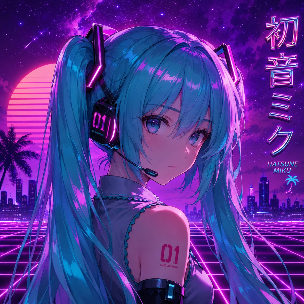 Vaporwave aesthetic Hatsune Miku PFP with neon grid and purple sky