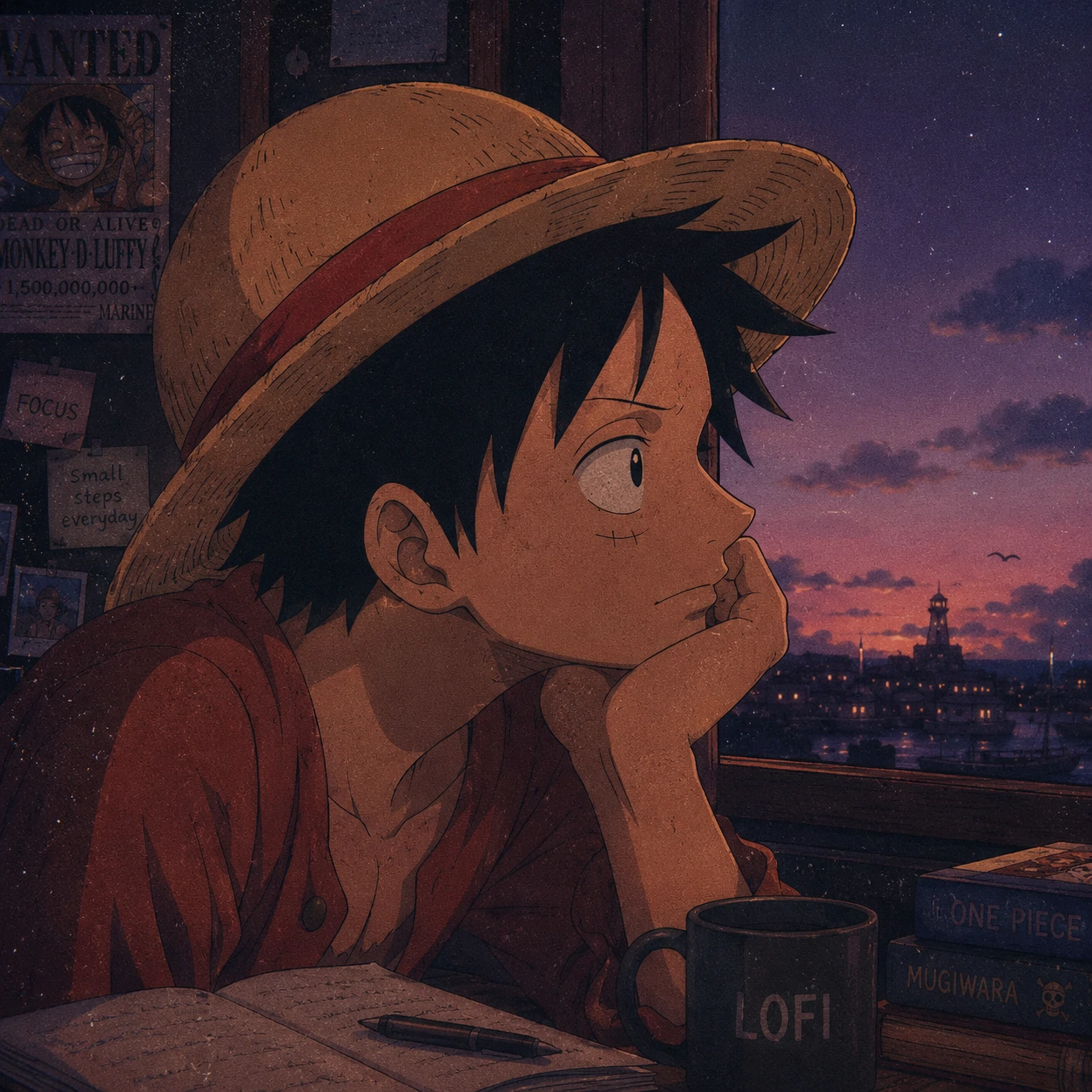 Neon aesthetic Luffy PFP with glowing purple and pink rim light