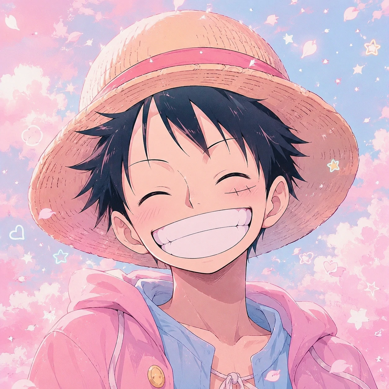 Pastel aesthetic Luffy PFP with soft pink and blue background