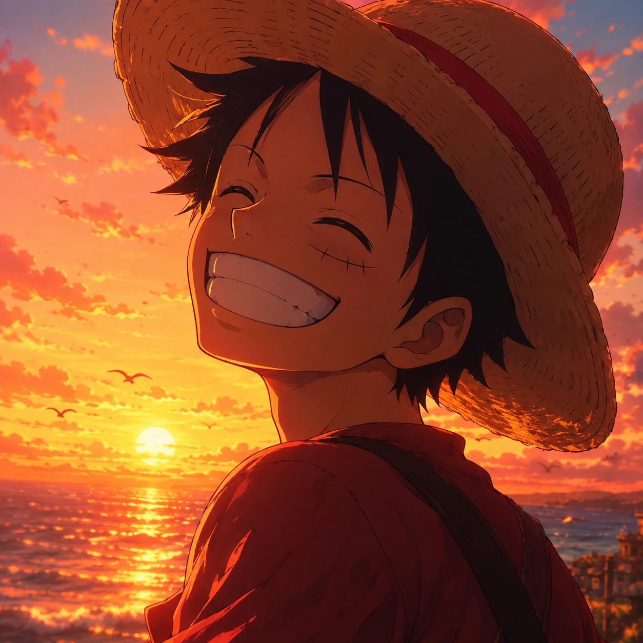 Aesthetic Luffy PFP with warm sunset tones and soft lighting