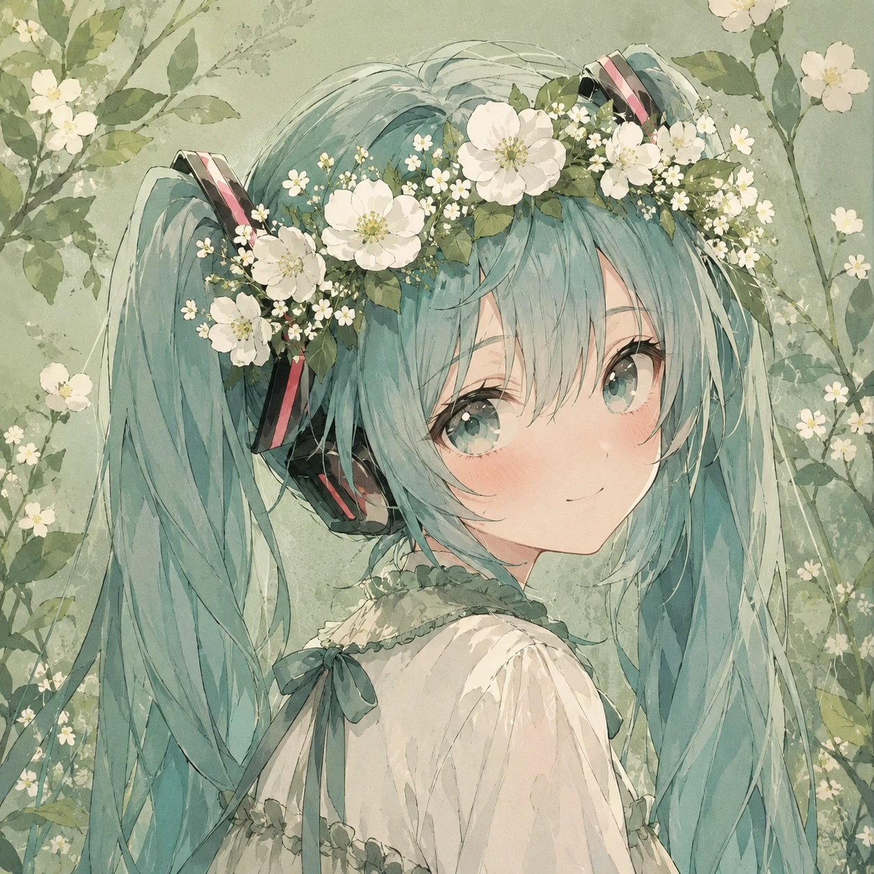 Aesthetic Miku icon wearing a white flower crown with soft green background