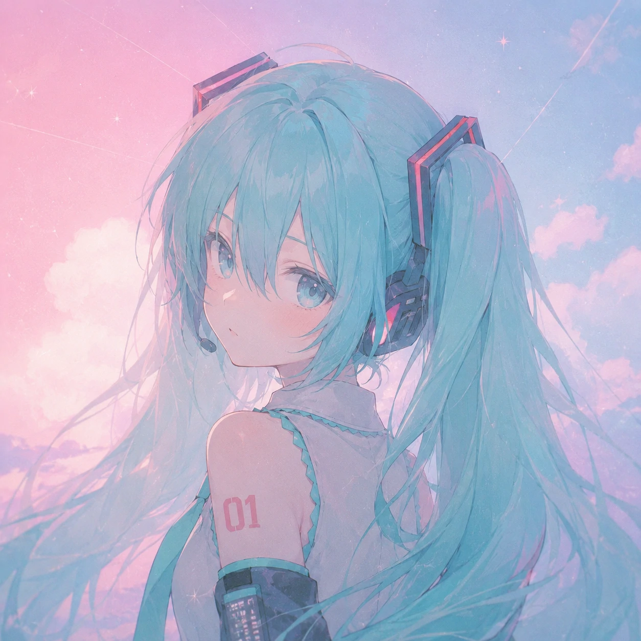 Aesthetic Miku PFP with soft pastel gradient background and dreamy teal twin-tails
