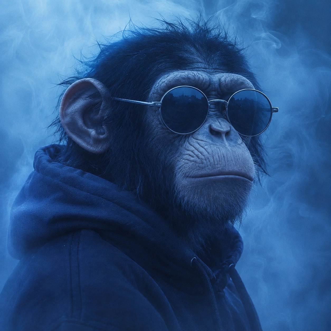 Aesthetic monkey PFP in soft blue haze with calm serious face