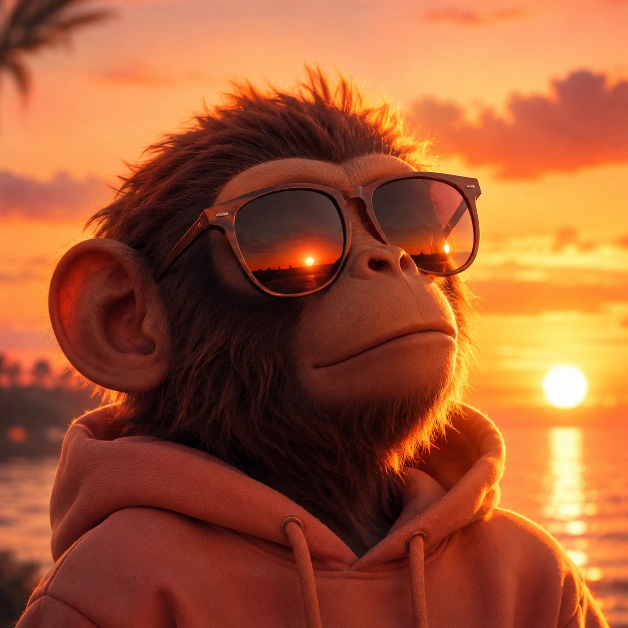 Aesthetic monkey PFP with sunset glow and soft orange background