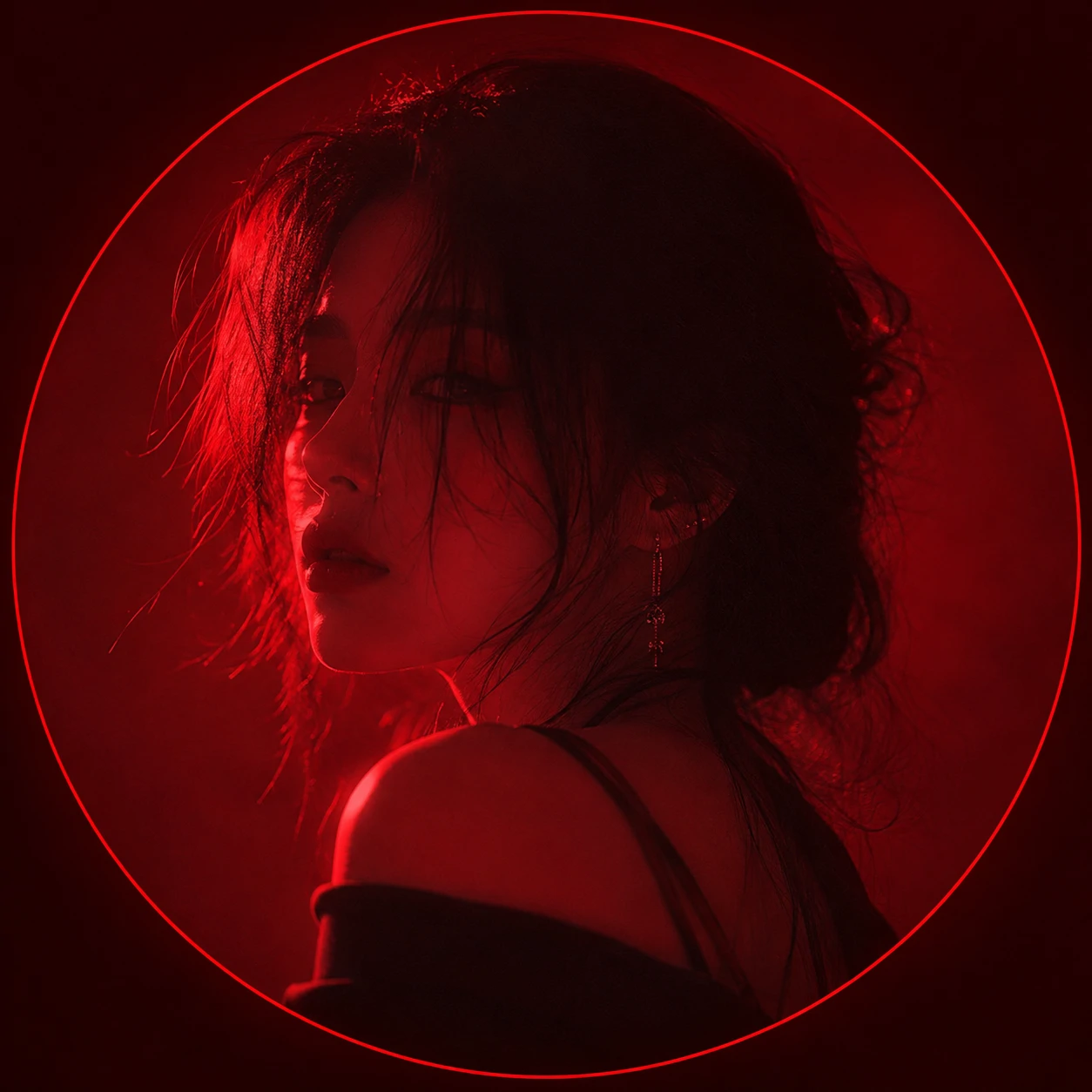 Aesthetic red PFP with crimson cinematic lighting and soft-focus portrait subject