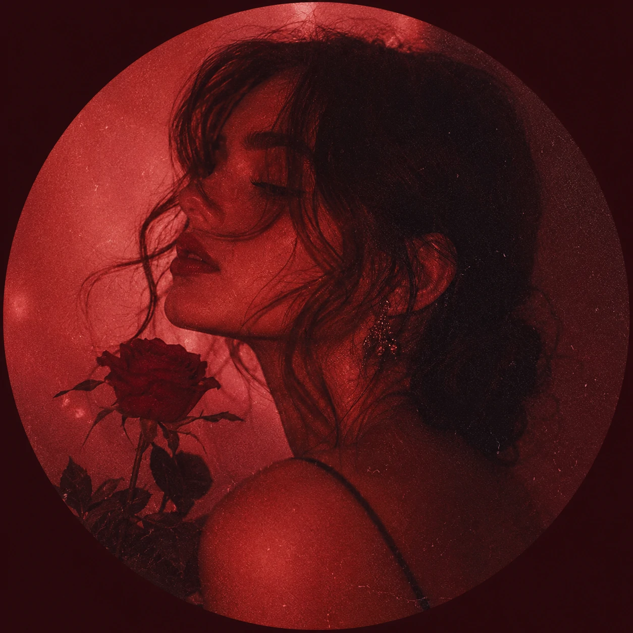 Aesthetic red PFP with rose-toned film edit and warm grain overlay for Instagram