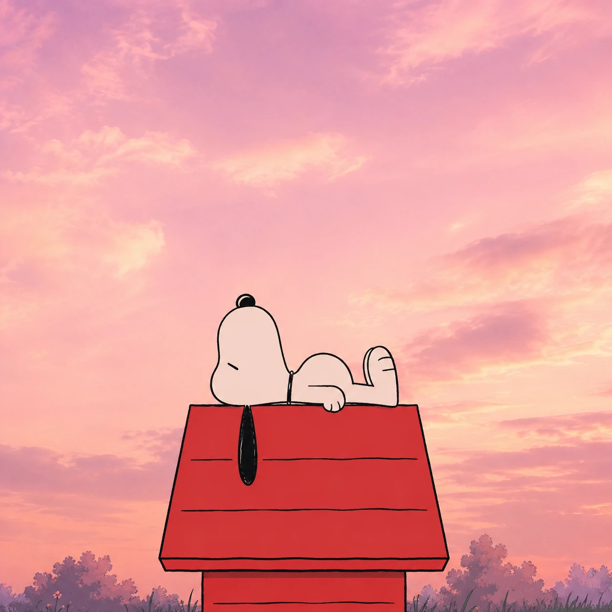 Aesthetic Snoopy PFP lying on his red doghouse under a soft pastel pink sky