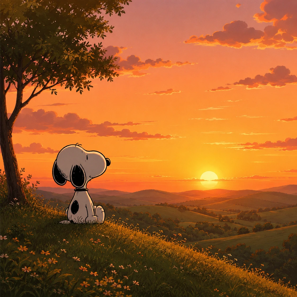 Snoopy profile picture watching a soft orange sunset over rolling green hills
