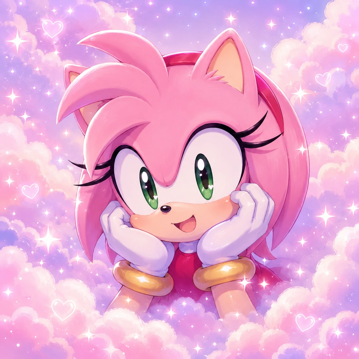 Amy Rose aesthetic icon framed by pastel clouds and tiny white sparkles