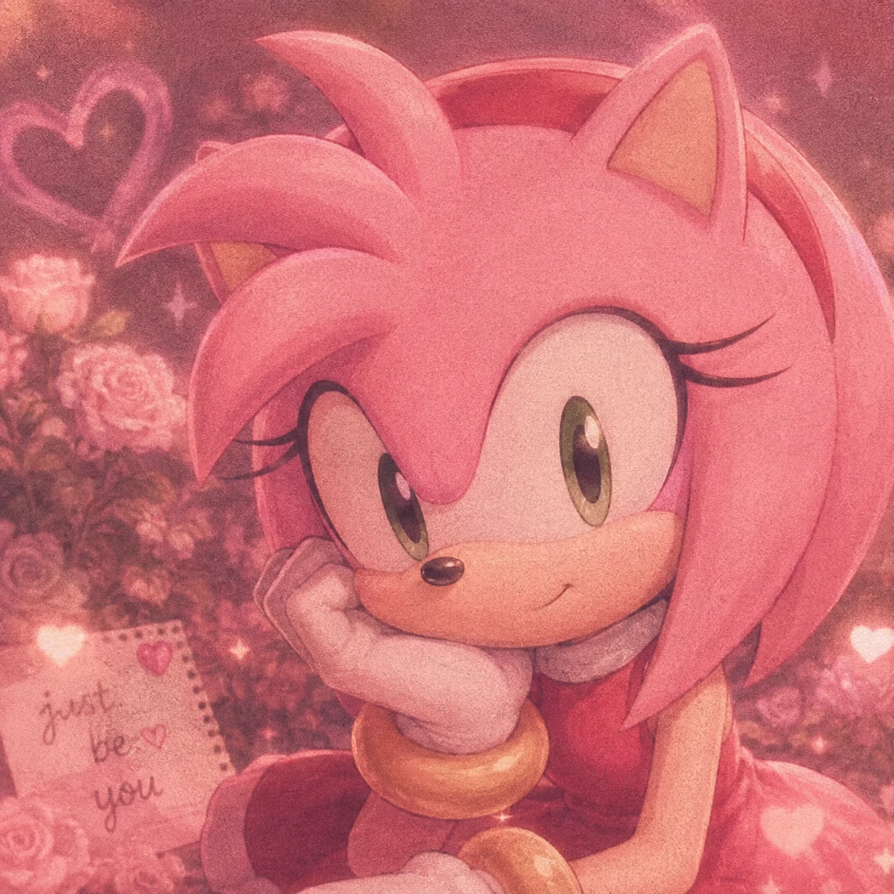 Aesthetic Amy Rose PFP with soft film grain, faded pink tones, and dreamy glow