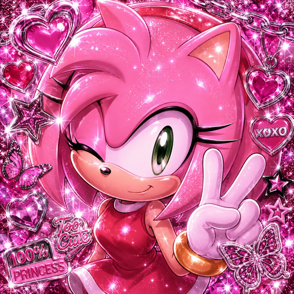 Amy Rose aesthetic PFP with Y2K glitter overlay, chrome hearts, and glossy finish