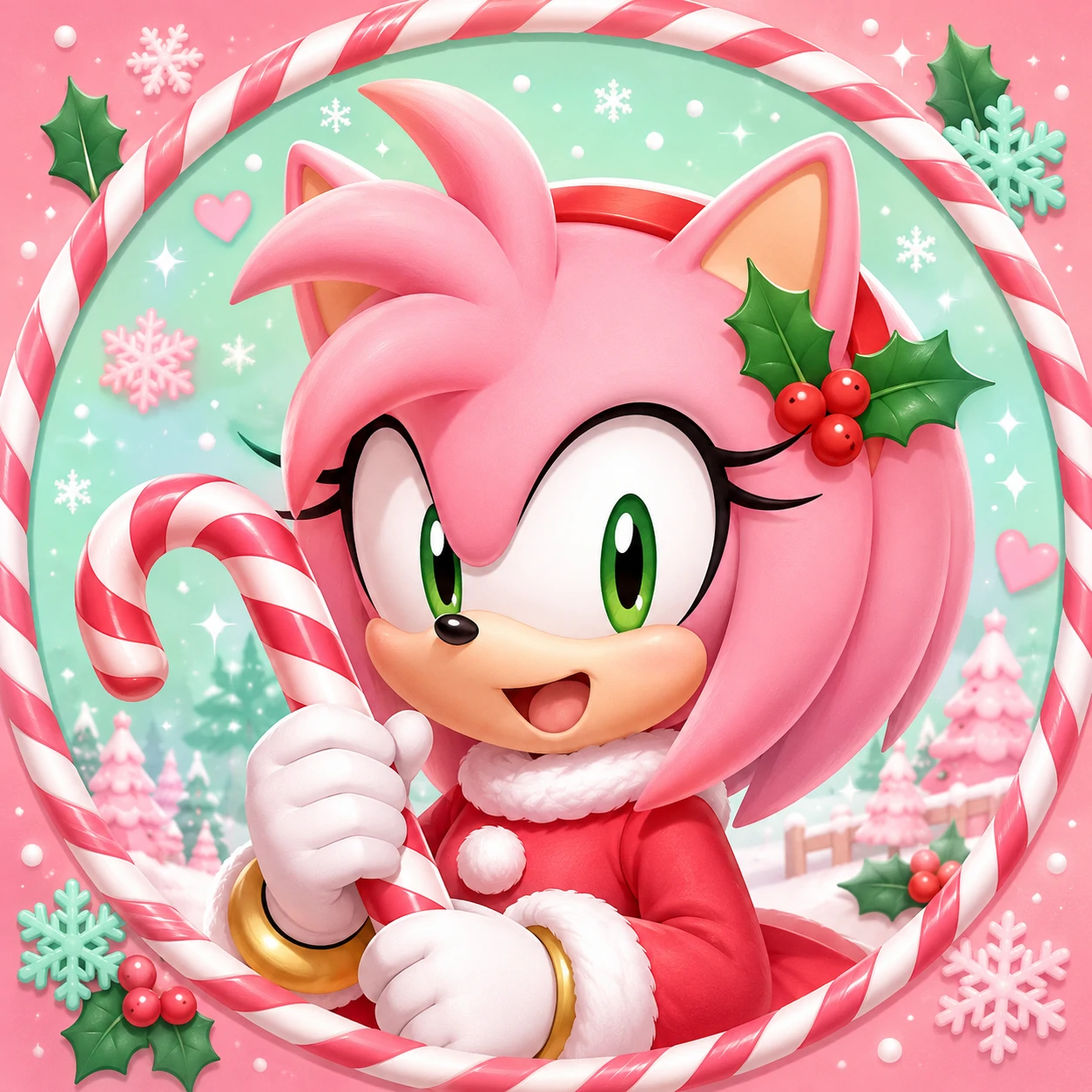 Amy Rose Christmas icon with candy-cane stripes and a holly leaf hair clip