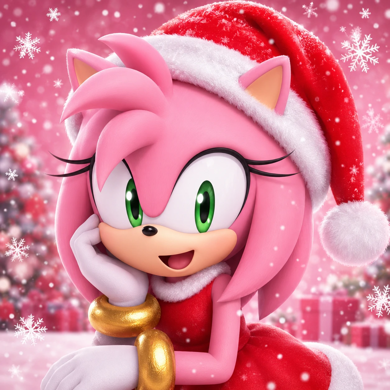 Amy Rose Christmas PFP wearing a Santa hat with snowflakes falling around her