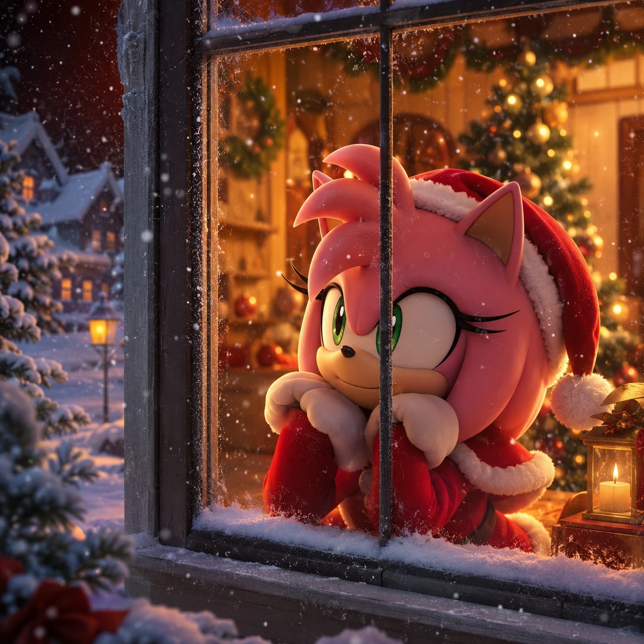 Amy Rose Christmas PFP gazing at a snowy window with warm indoor lights