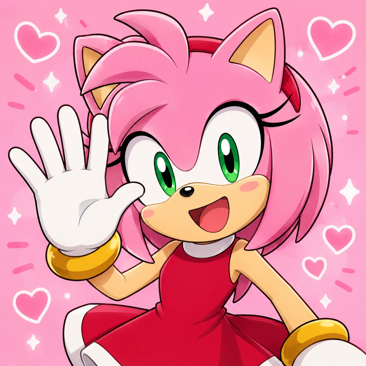 Cute Amy Rose profile picture waving hello with a cheerful open-mouth smile