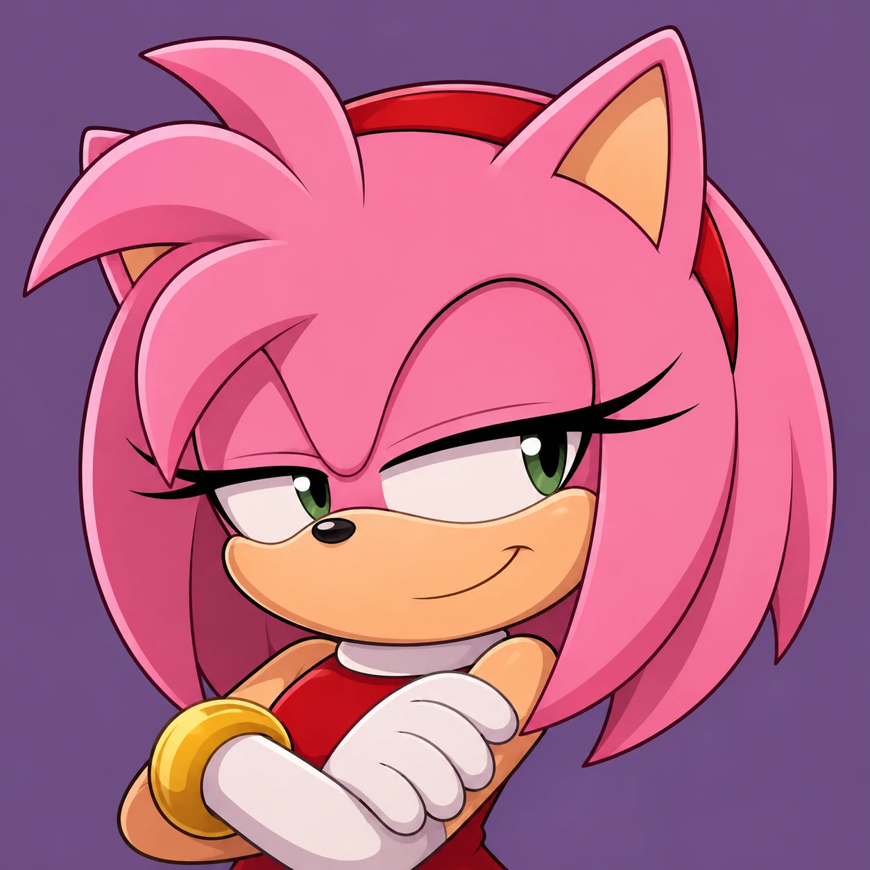 Amy Rose Discord PFP with a smug sideways glance on a muted purple backdrop