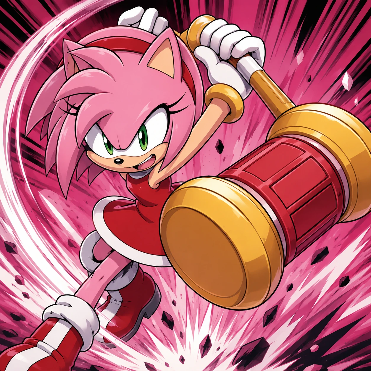 Amy Rose IDW icon mid-swing with her hammer in a dramatic action pose