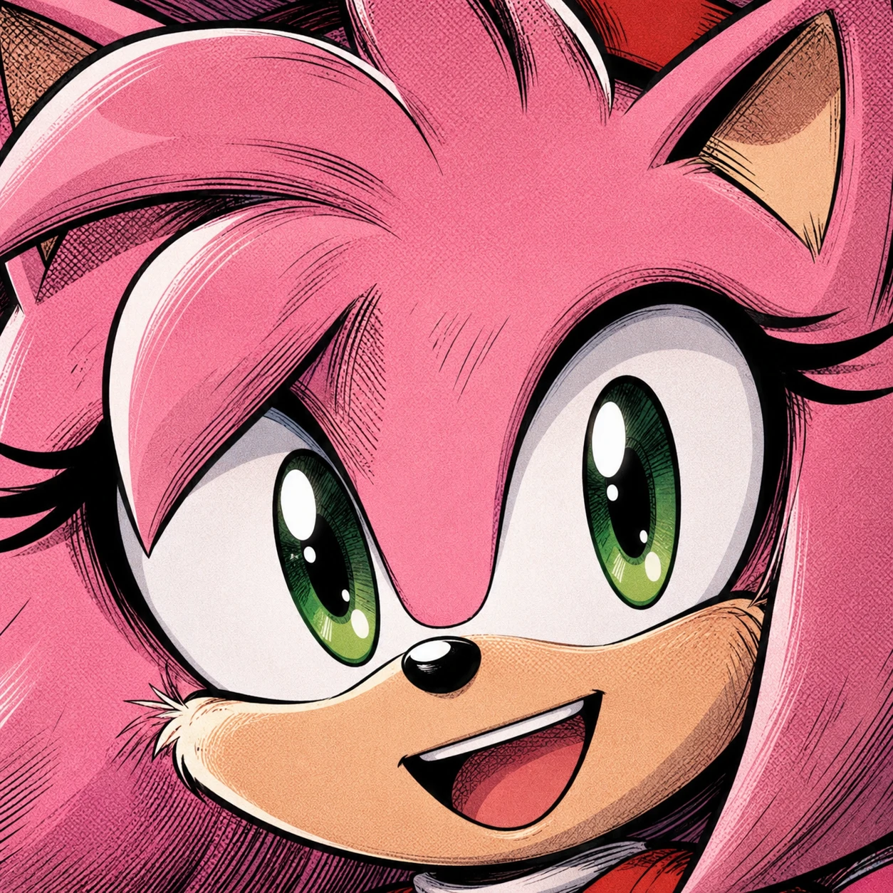 Close-up IDW Amy Rose PFP showing detailed inkwork and expressive comic eyes