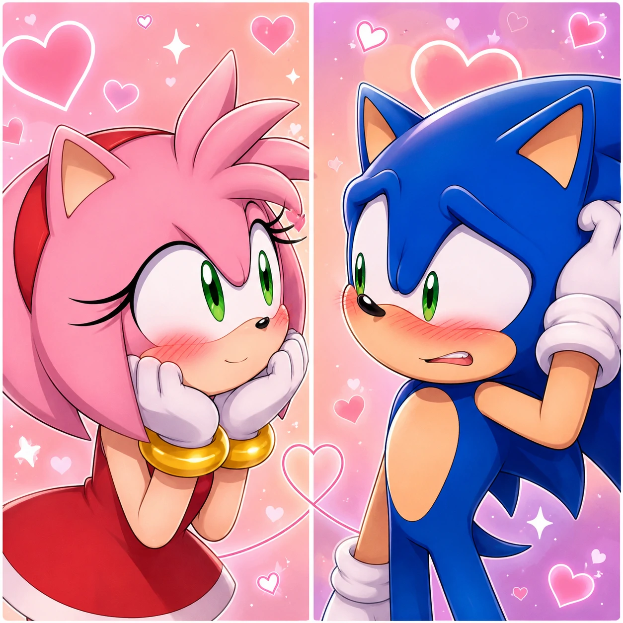 Amy Rose matching couple PFP where Amy blushes at a flustered-looking Sonic