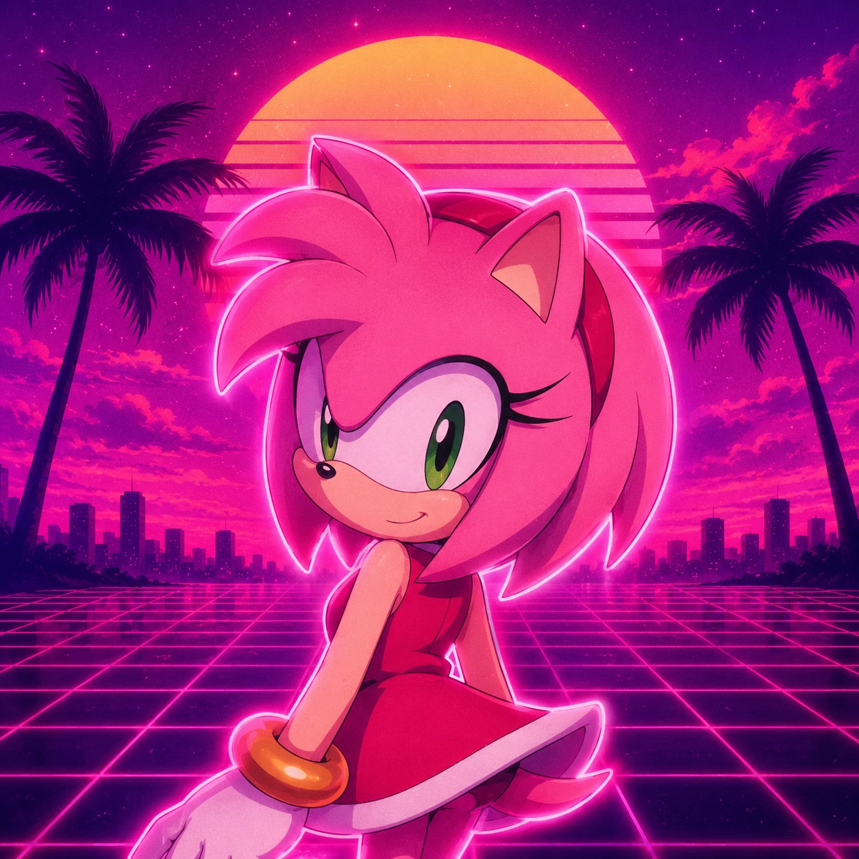 Aesthetic Amy Rose PFP with vaporwave grid, neon pink outline, and retro sunset