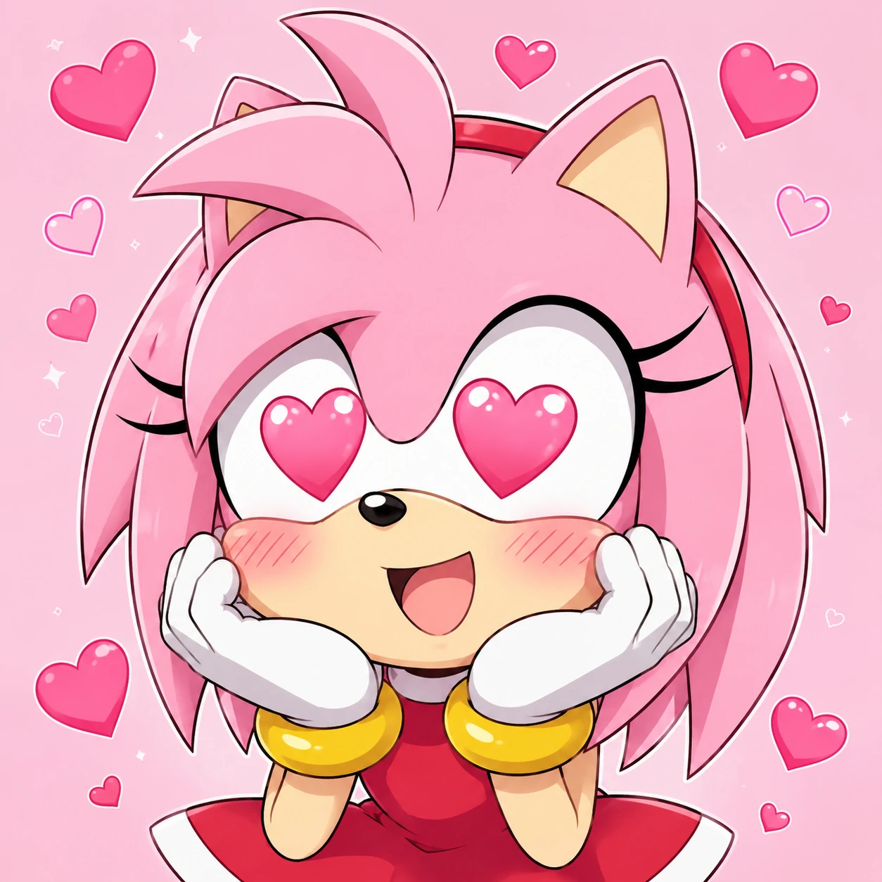 Amy Rose PFP with heart-shaped eyes and blushing cheeks on a light pink backdrop
