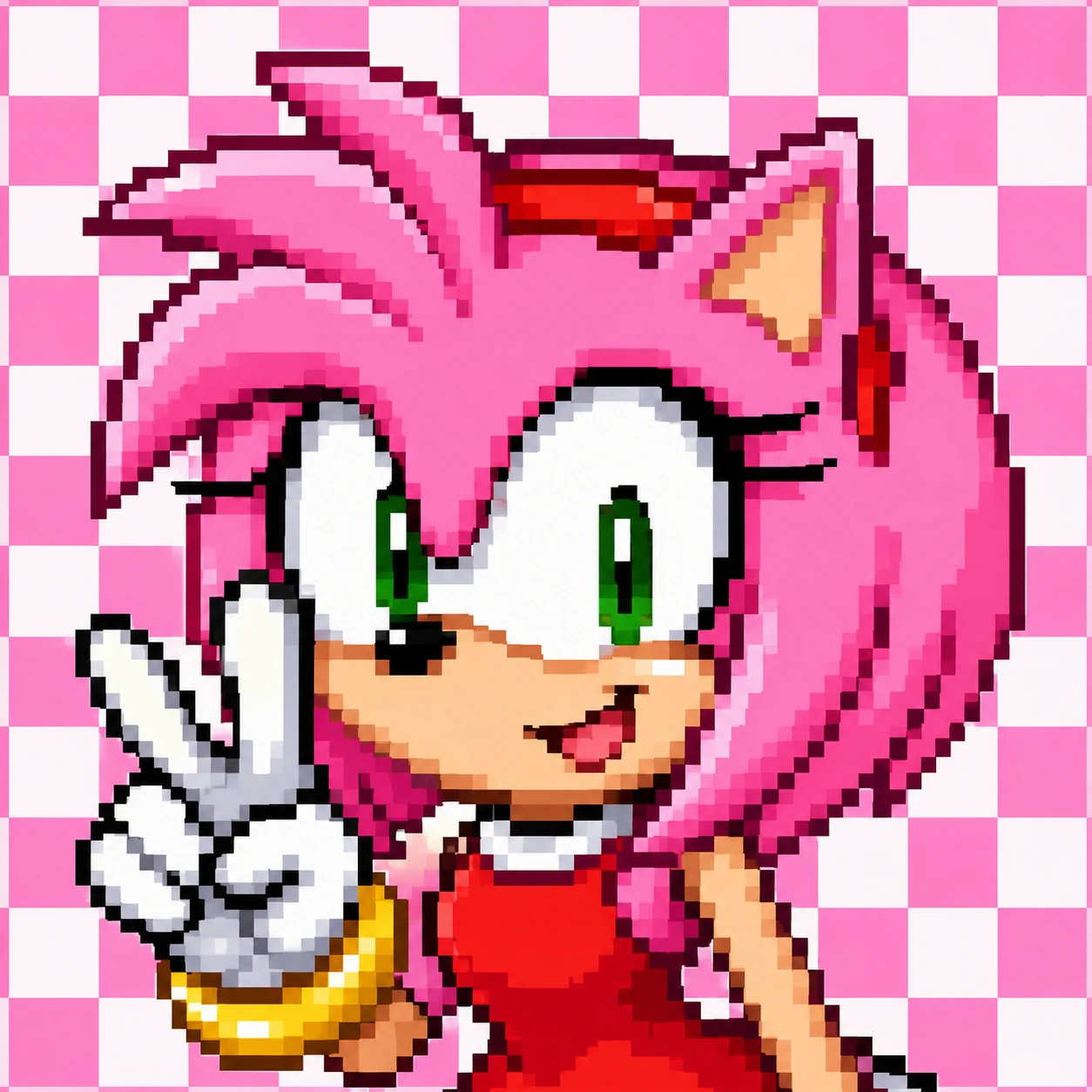 Pixelated Amy Rose Y2K icon in chunky 16-bit style on a checkerboard background
