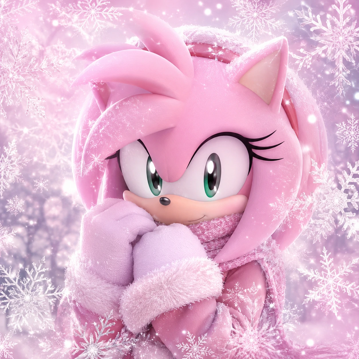 Amy Rose winter PFP with aesthetic snowflake overlays and frosty pink tones