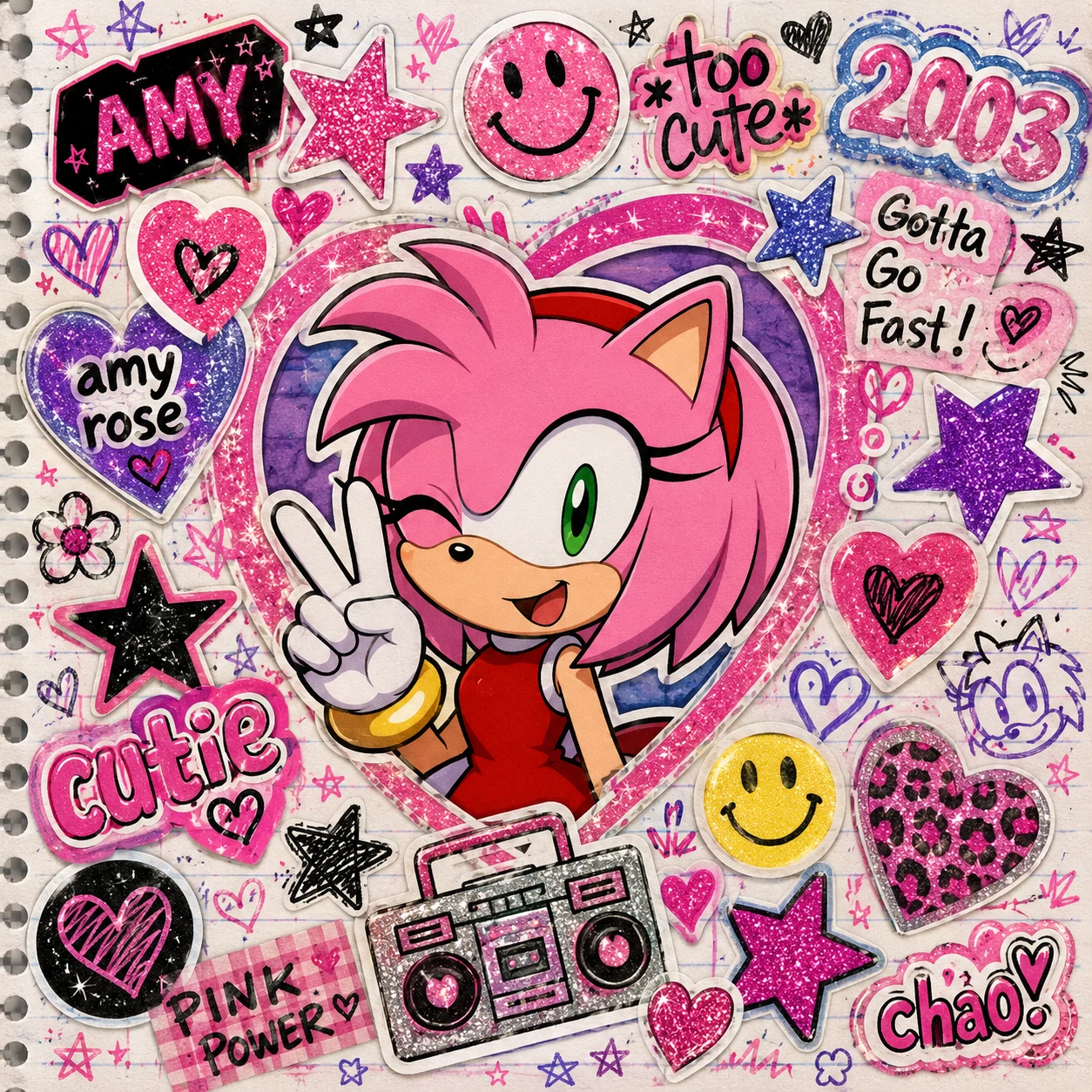 Y2K Amy Rose icon inside a sticker collage of stars, hearts, and smiley faces
