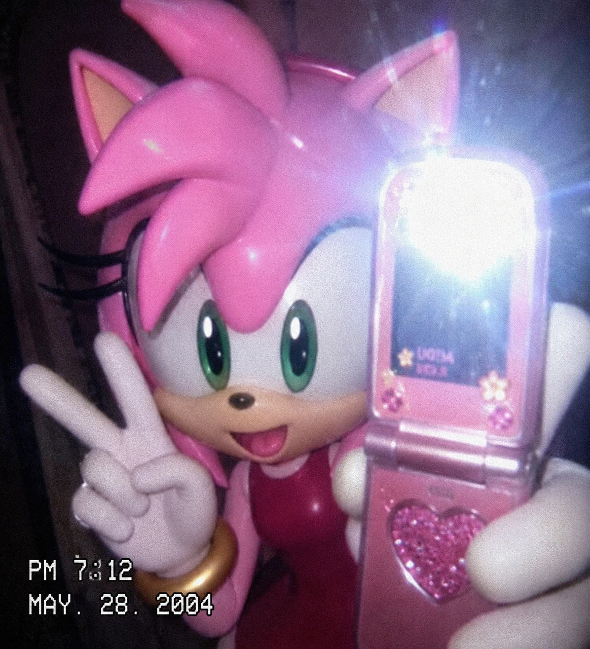 Amy Rose Y2K PFP styled as a flip-phone selfie with flash glare and timestamp