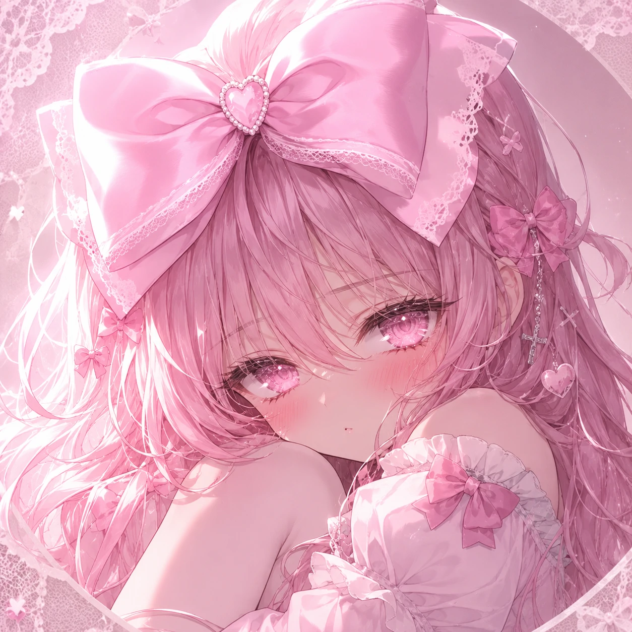 Sad anime coquette PFP with tear-glossed eyes and ribbon trim.
