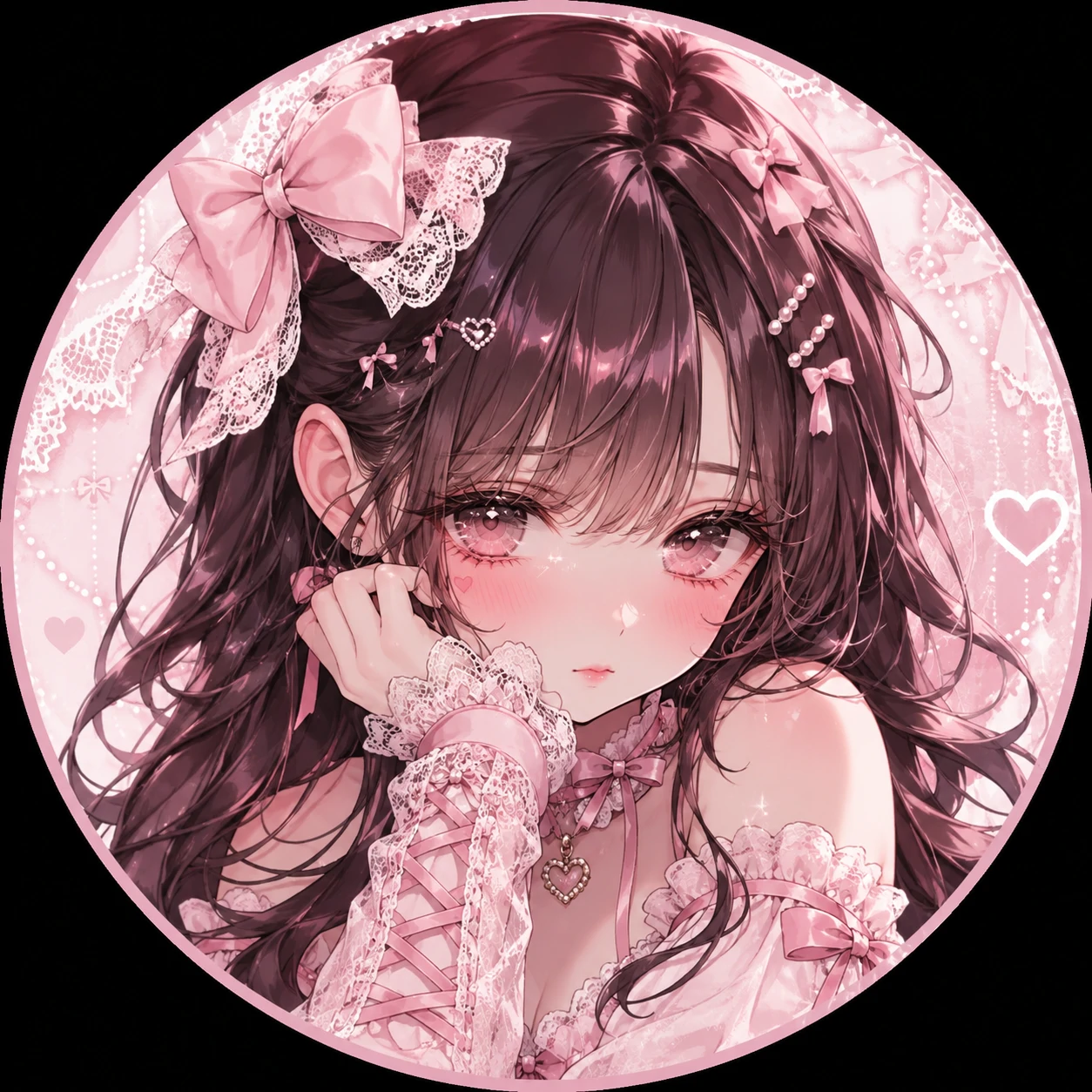 Anime coquette PFP wearing lace cuffs and a tiny ribbon choker.