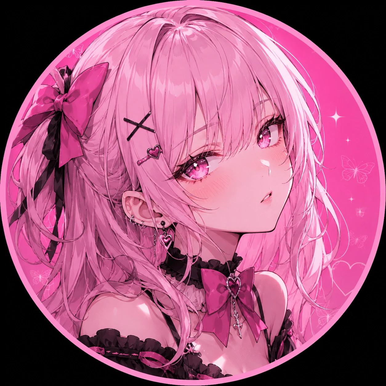 Anime girl pink pfp with bow choker and pastel magenta background