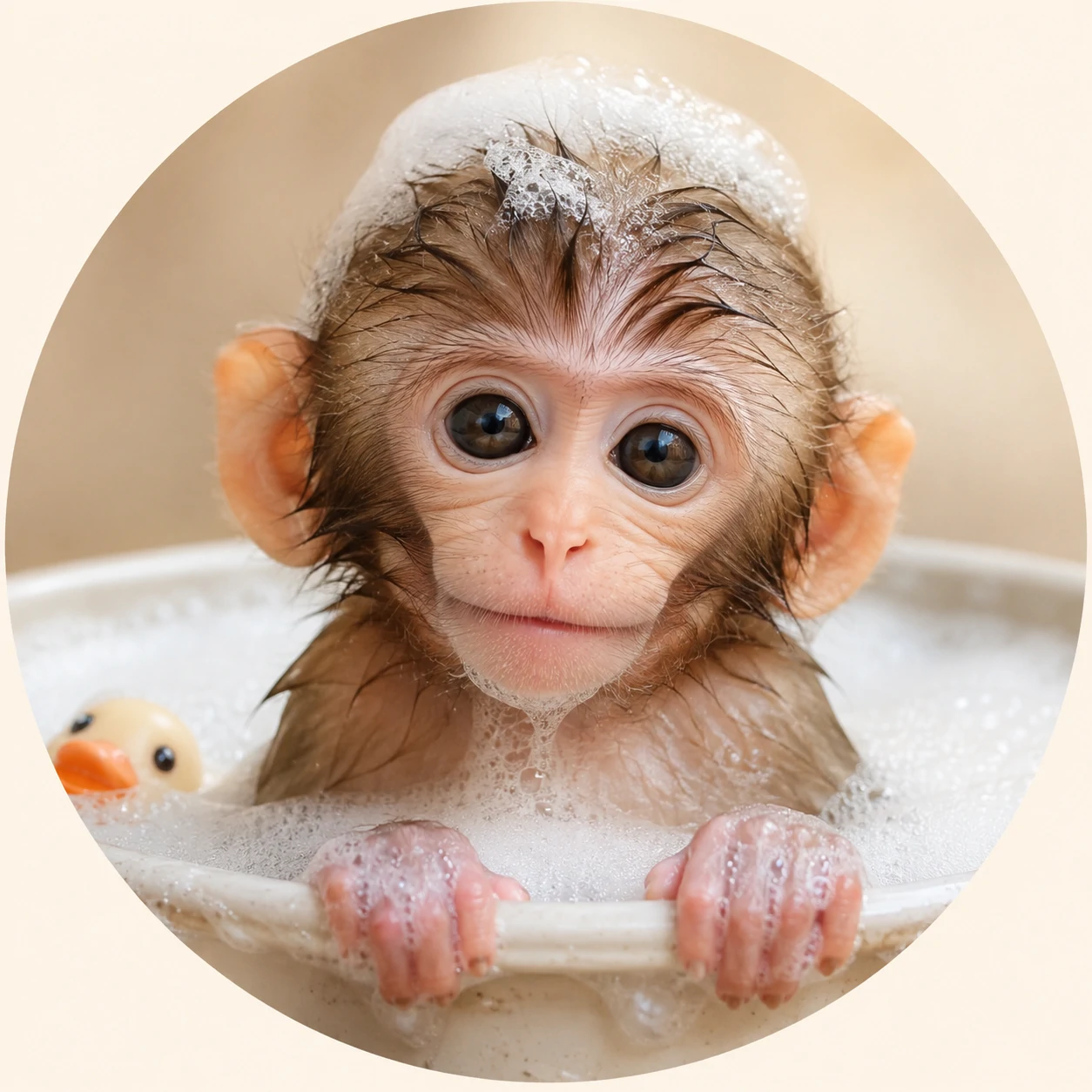 Baby monkey PFP during bath time with tiny hands visible