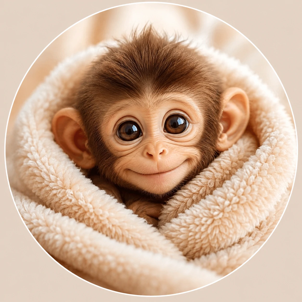 Baby monkey PFP wrapped in fuzzy blanket on soft background