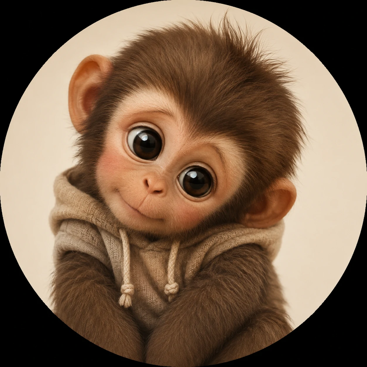 Baby monkey PFP holding a plush toy with huge watery eyes