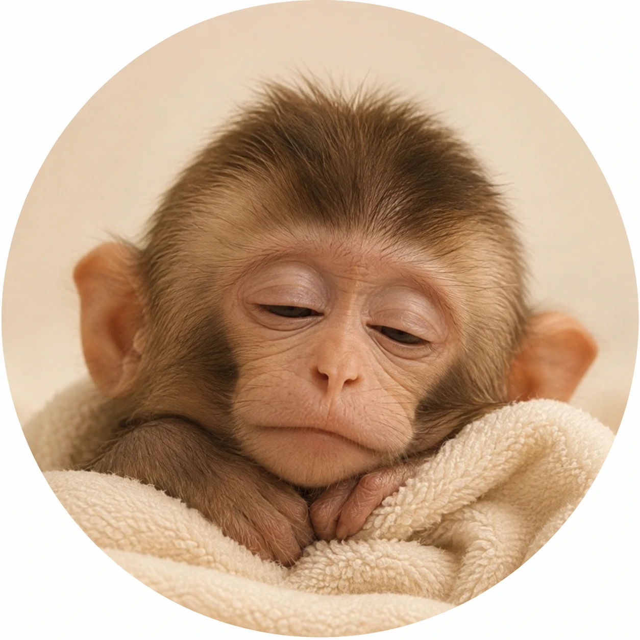 Baby monkey PFP with sleepy eyes and soft cream background