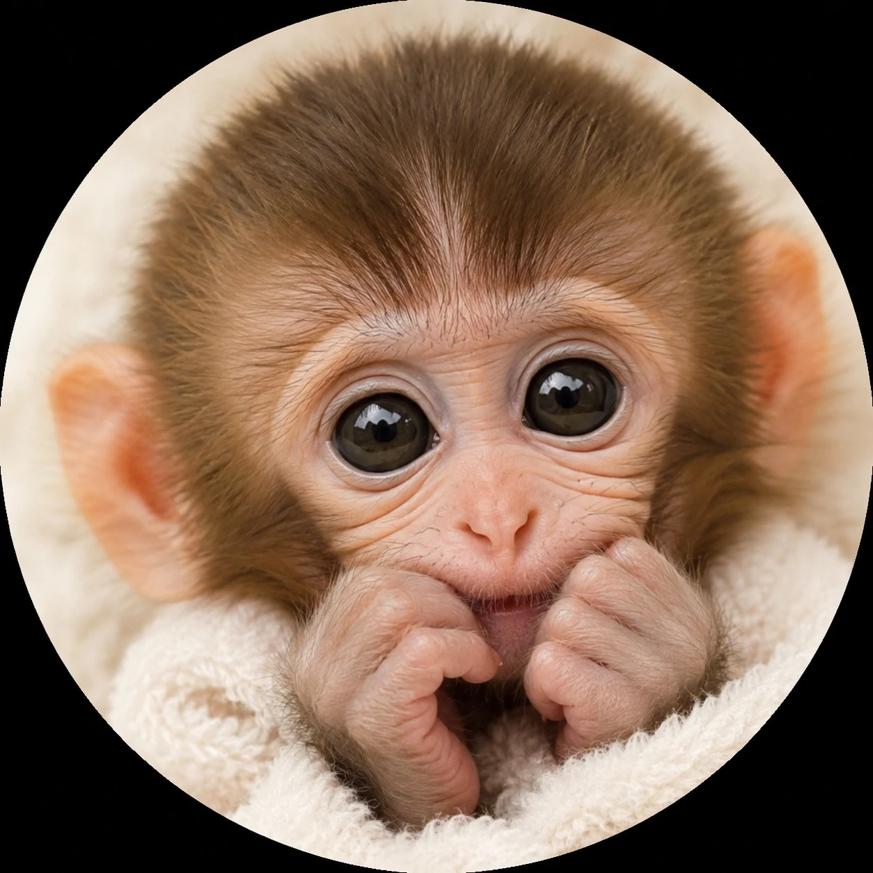 Baby monkey PFP with tiny hands close to face
