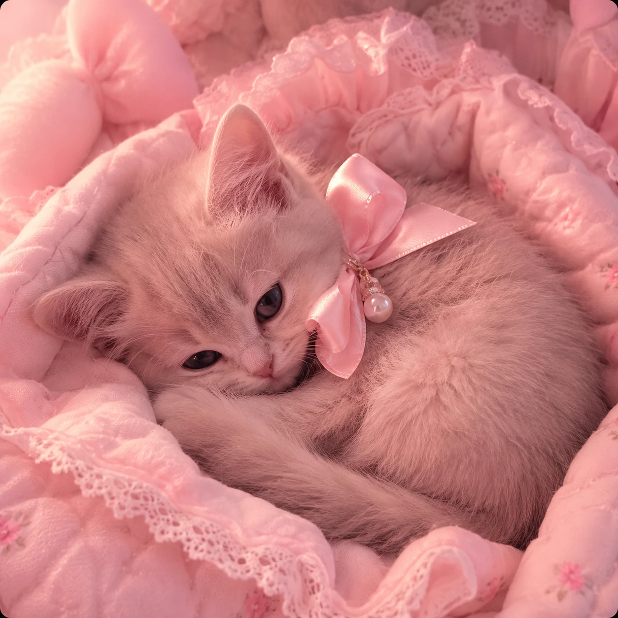 Bedtime cat coquette PFP curled in a pastel blanket and bow collar.