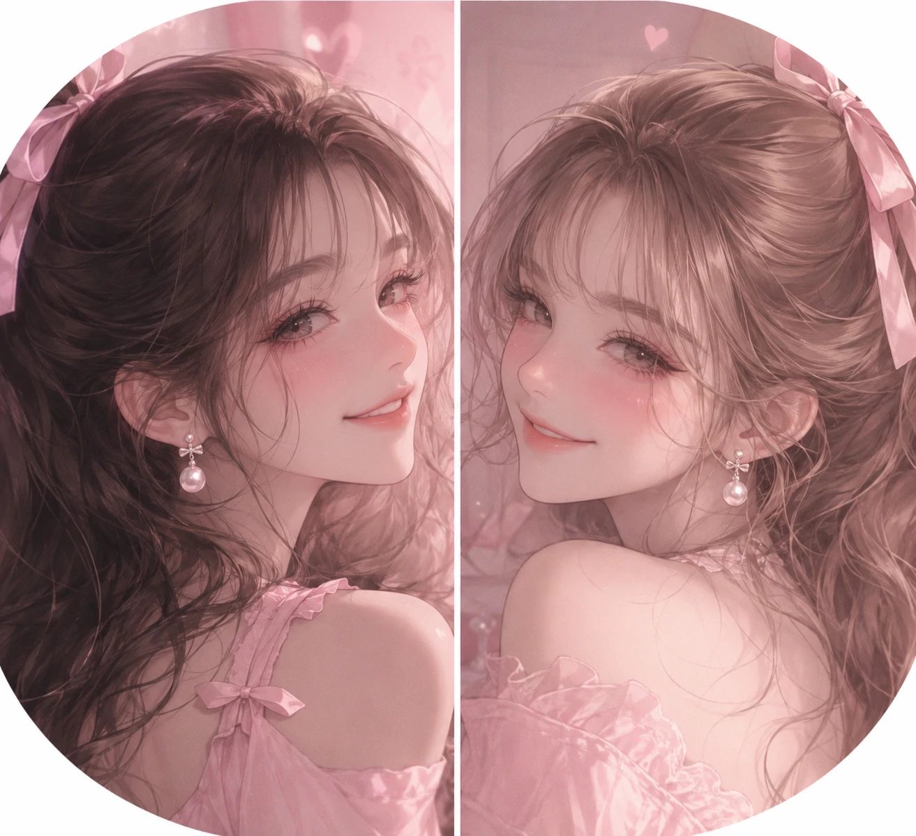 Bestie coquette PFP set with matching pearl earrings on both sides.