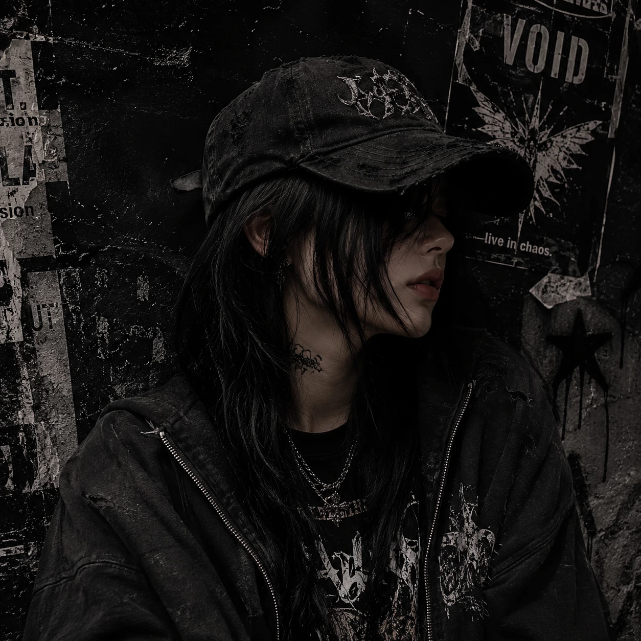 Grunge black aesthetic girl pfp with weathered streetwear and strong texture.
