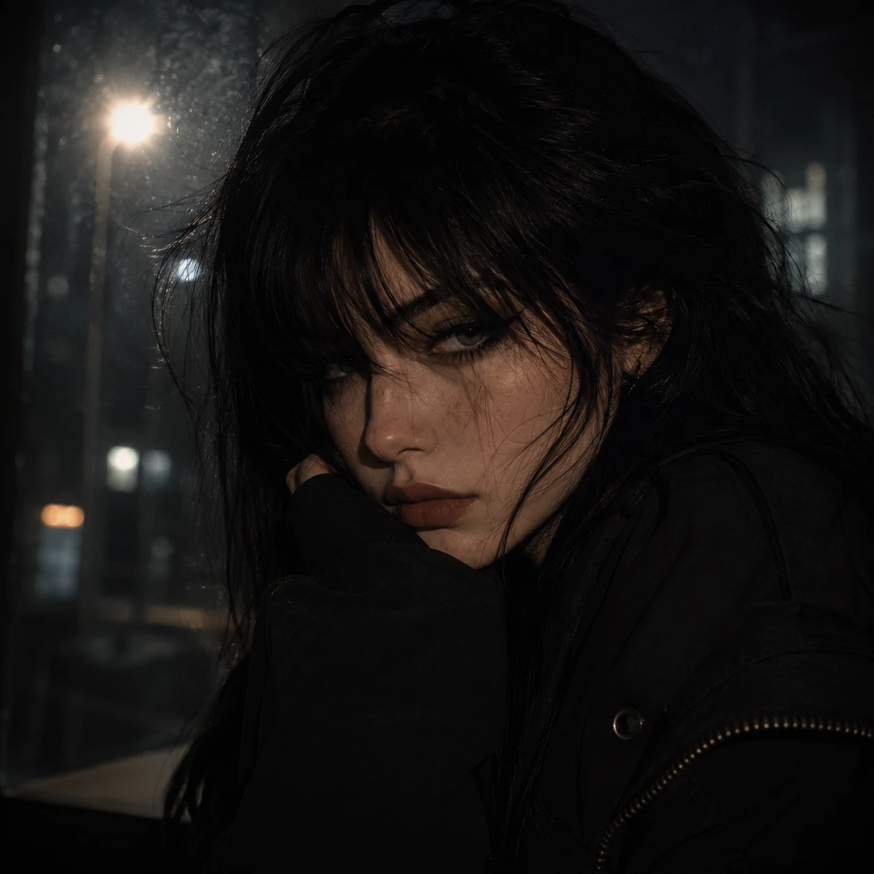 Moody black aesthetic pfp girl portrait with deep shadows and evening light on her face.