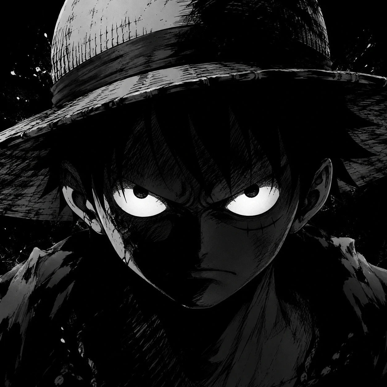 Dark black and white Luffy PFP with intense glare from shadows