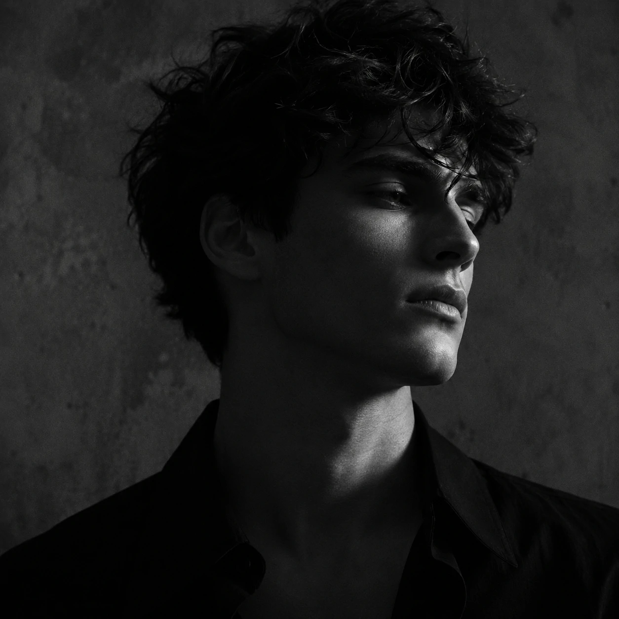 Classic black and white pfp portrait with cinematic light contrast and soft film grain.