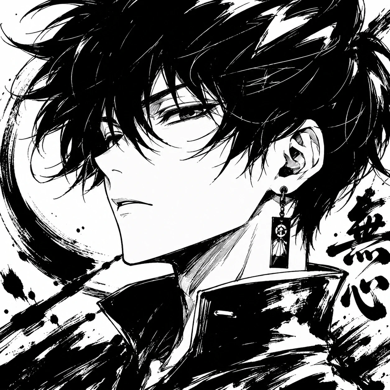 Anime ink-style black and white pfp with bold, confident linework and no colour distractions.