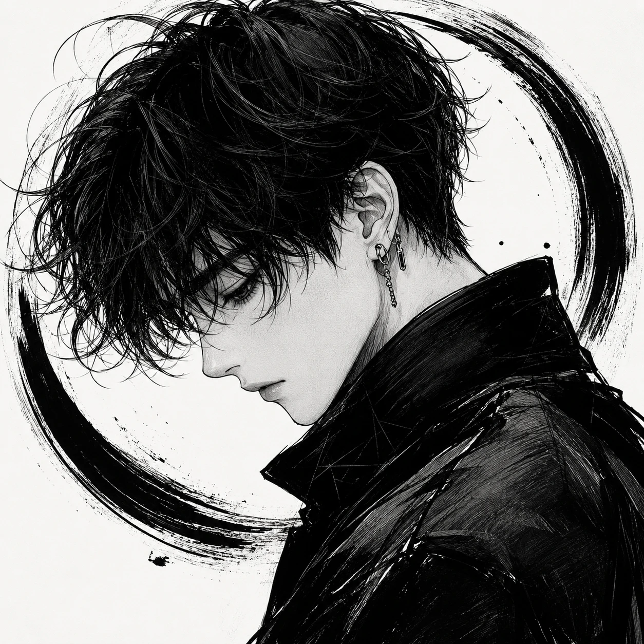 Artistic black and white pfp with smooth hand-drawn shading and a clean minimal background.