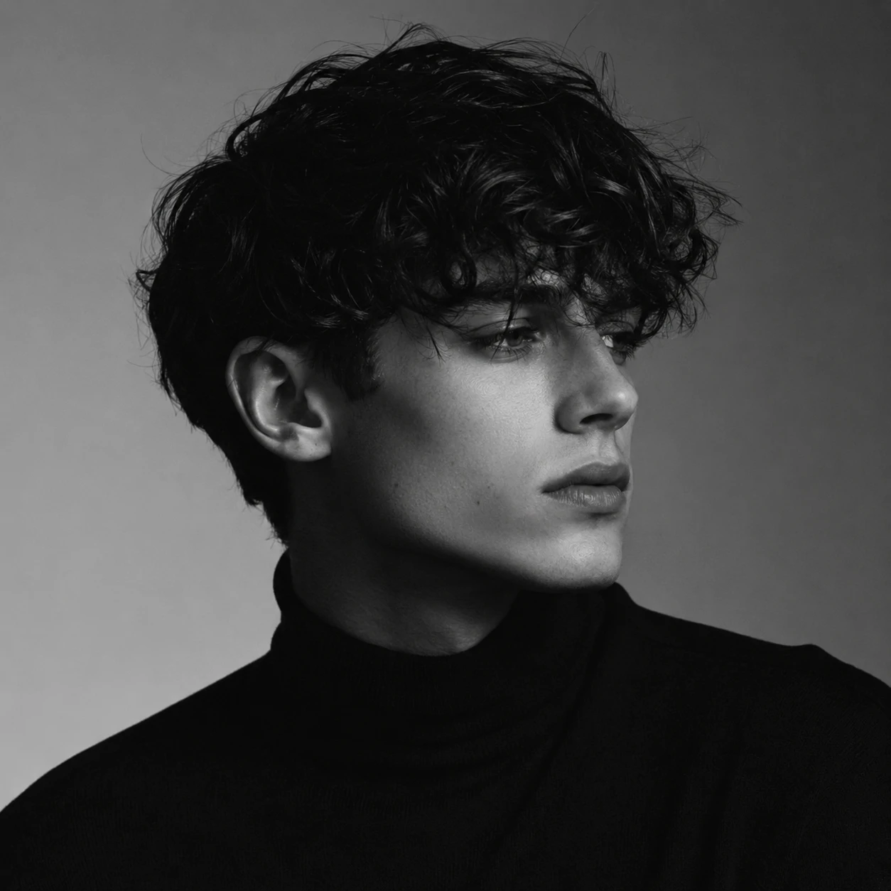 Monochrome black and white pfp in timeless portrait photography style with balanced tones.