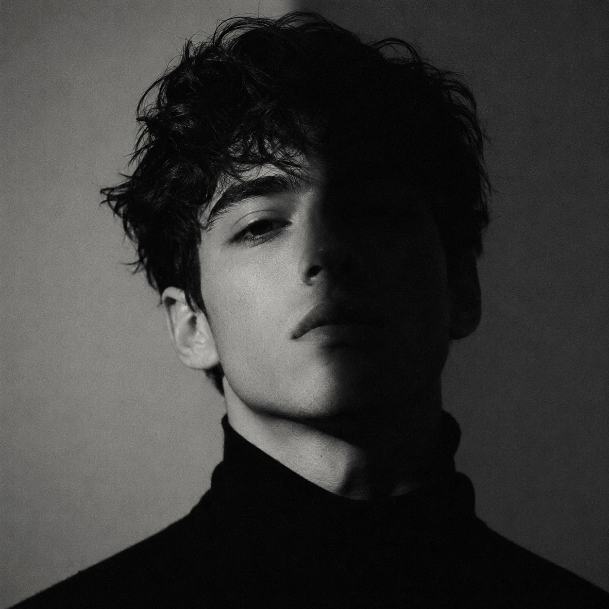 Minimal shadow black and white pfp with quiet half-light across the face and soft grain.